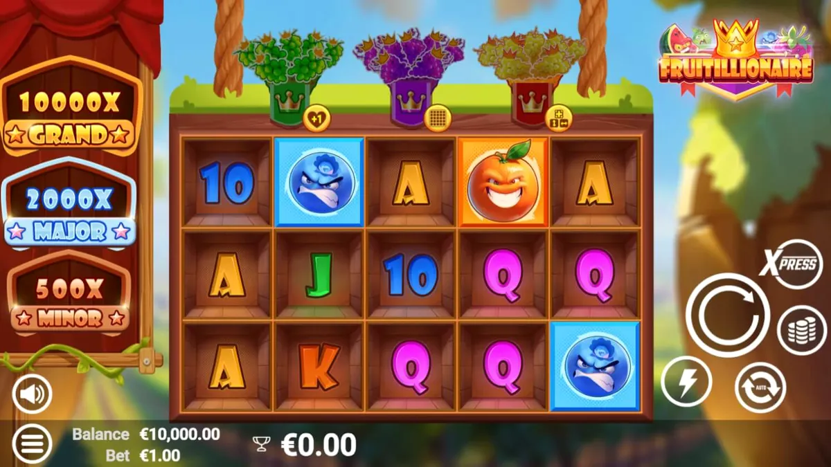 Tampilan visual slot Fruitillionaire dengan karakter buah yang marah dan grid permainan.