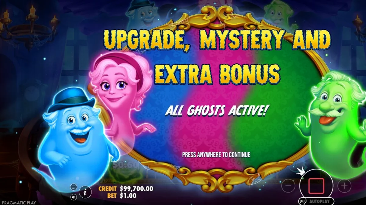 Tampilan visual slot Great Ghosts dengan tema rumah hantu kartun dan bola kristal.